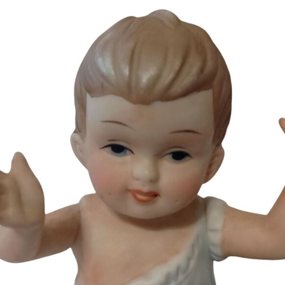 Vintage Piano Baby Bisque Porcelain Figure Blue Boy Arms Up 3.5" Handpainted - Picture 8 of 16